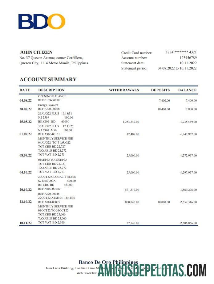 Exemplo de extrato bancário BDO das Filipinas Xls